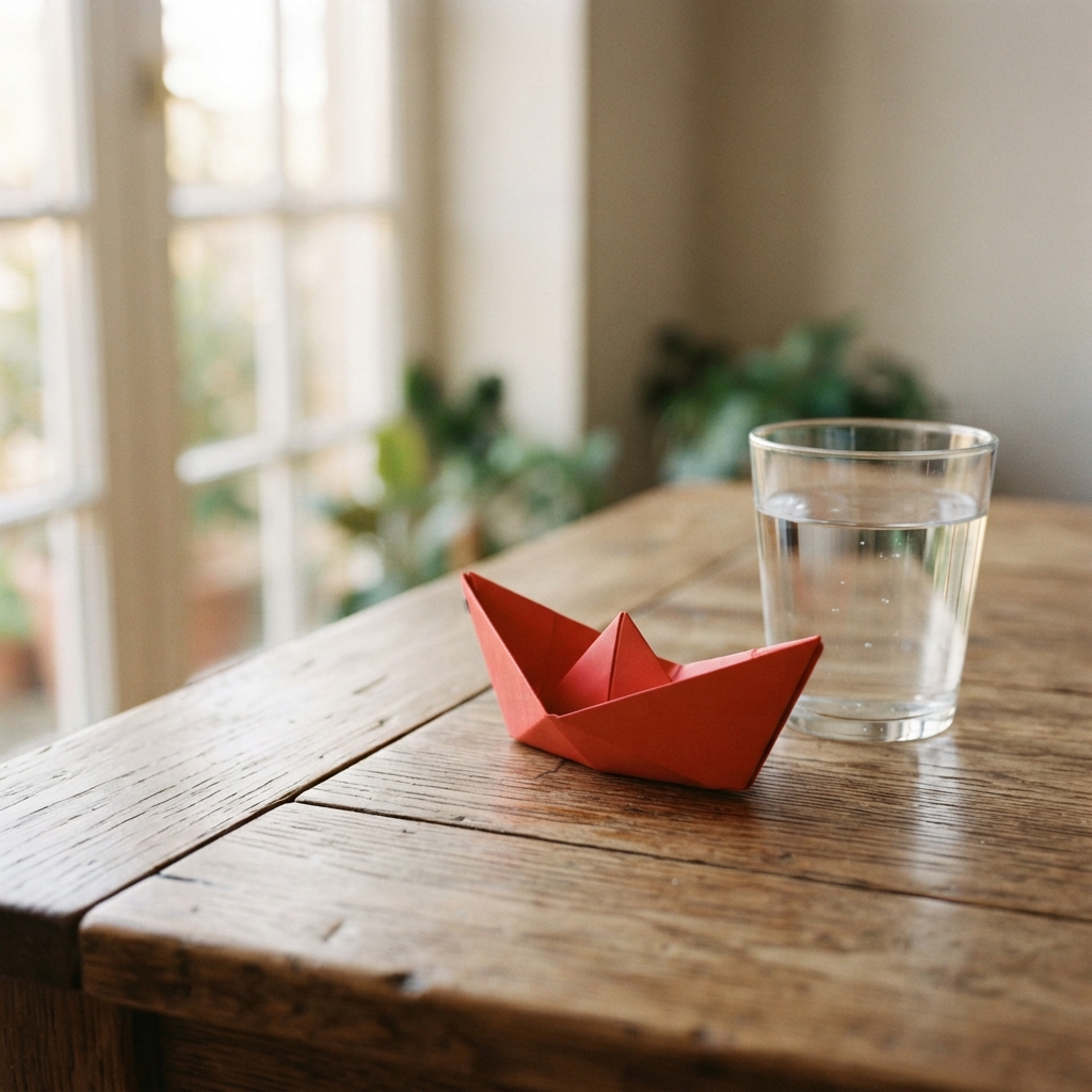 Starting frame: a paper boat on a wooden table next to a glass of water